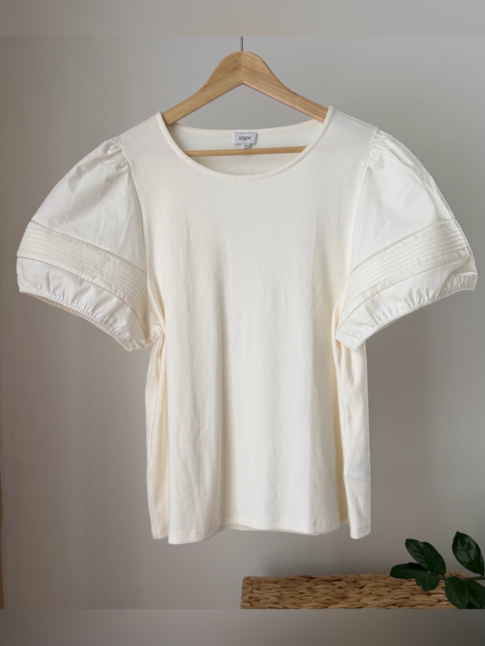 NWT Women's J. CREW Ivory Vintage Rib Puff Sleeve Mixy Top T-Shirt Shirt Size 2X